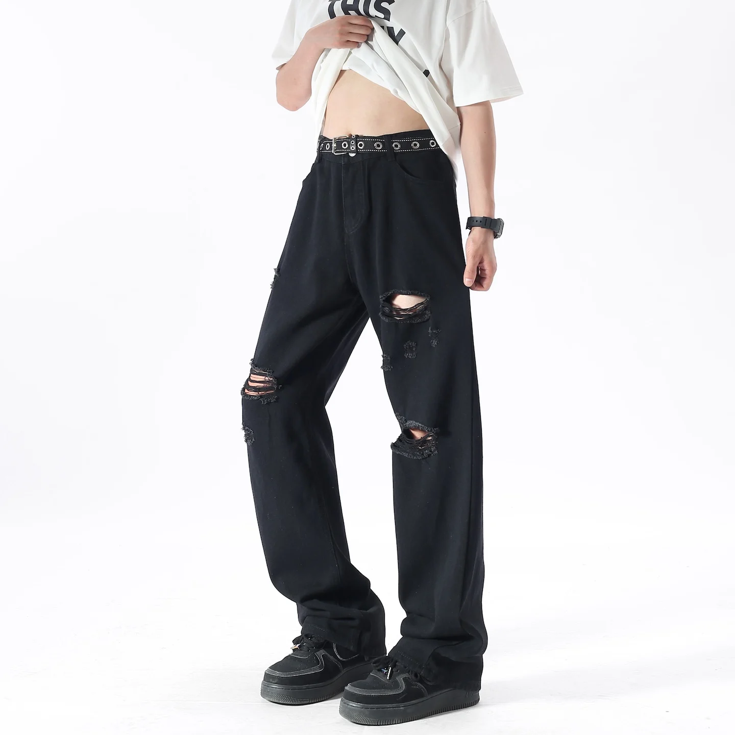 

Men's Black Baggy Straight Hole Jean Pants Summer High Street Washed Ripped Jeans Y2k Hombre Casual Wide Leg Denim Trousers Men