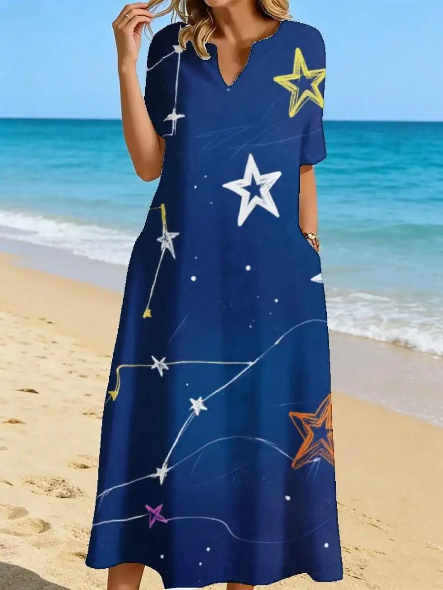

V Neck Midi Dress Blue Star Constellation Print Beach Vacation Dress