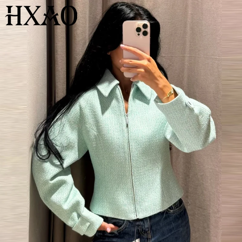 HXAO Kurze Tweed-Jacke Damenjacke Demi-Season 2026 Reißverschluss Langarm-Oberteil Mintgrün Strukturierte Oberbekleidung Streetwear-Mäntel – Detail 3