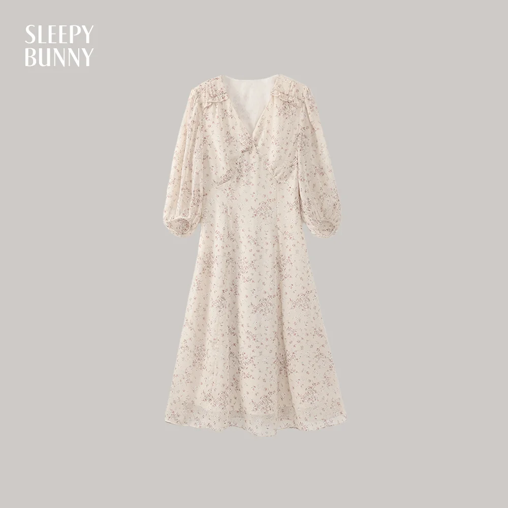 

Floral V-Neck Long Sleeve Dress Women Spring Autumn High Waist A-Line Midi Dress Sweet Soft Girl Style Elegant Long Flowy Outfit