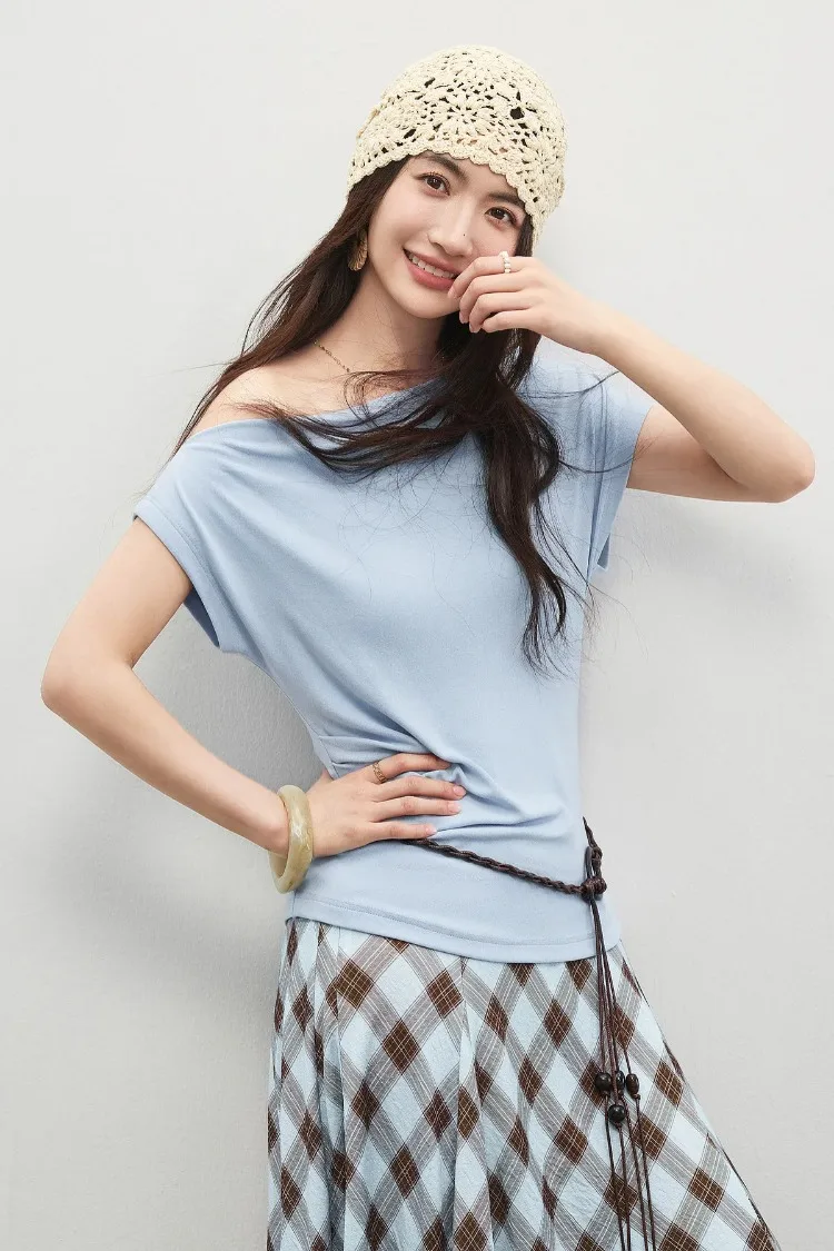 SENTUBILA Damen-Strick-T-Shirt mit Wendekragen, Frühling 2026, Weiß, minimalistisch, für den Alltag, plissiert, schmal geschnitten, Kurzarm-Oberteil 161TA4924 – Detail 15