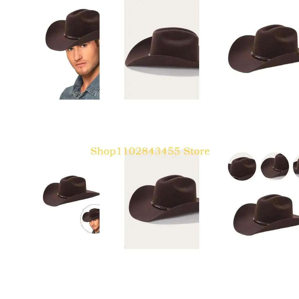 49MC Classical Fedoras Hat Coffee Wool Wide Brimmed Western Cowboy Hats for Dinner