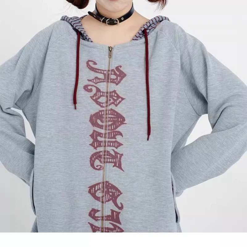 2025 Autumn New Gray Off-Shoulder Splicing Striped Women's Sweatshirt Original Design Loose Slimming Versatile Y2K Coat Ladies