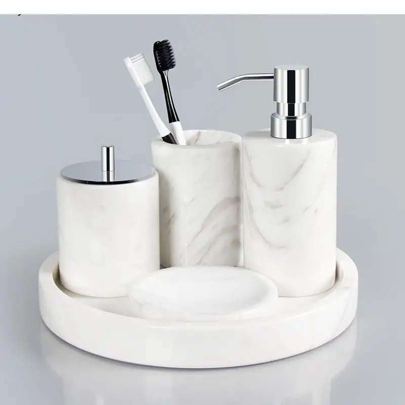 Nordic Bathroom Set Marble Lotion Bottle Cotton Swab Box Mouthwash Cup Storage Tray Soap Dish Household Supplies