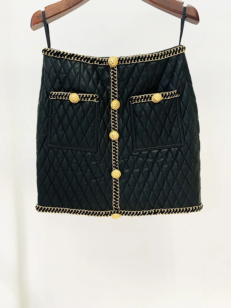 Gold Chain Edge Skirt PU Faux Leather Lion Buckle Chain Edge Embellishment Diamond Grid Leather Mini Pencil Skirt Women