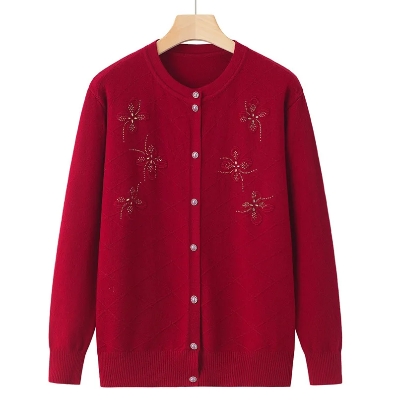 Весенне-осенний вязаный свитер для мам среднего возраста, женский кардиган, пальто, топ с длинными рукавами, винтажный свободный трикотаж для бабушки