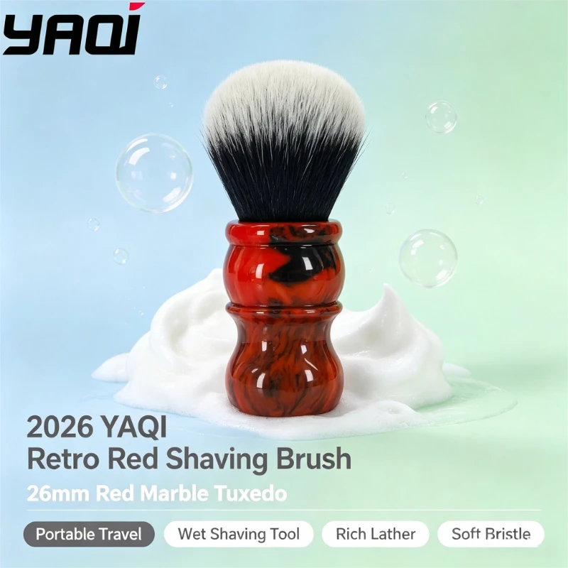 2026 YAQI Retro Red 26mm Red Marble Tuxedo Men's Shaving Brush - Portable Travel Wet Shaving Tool