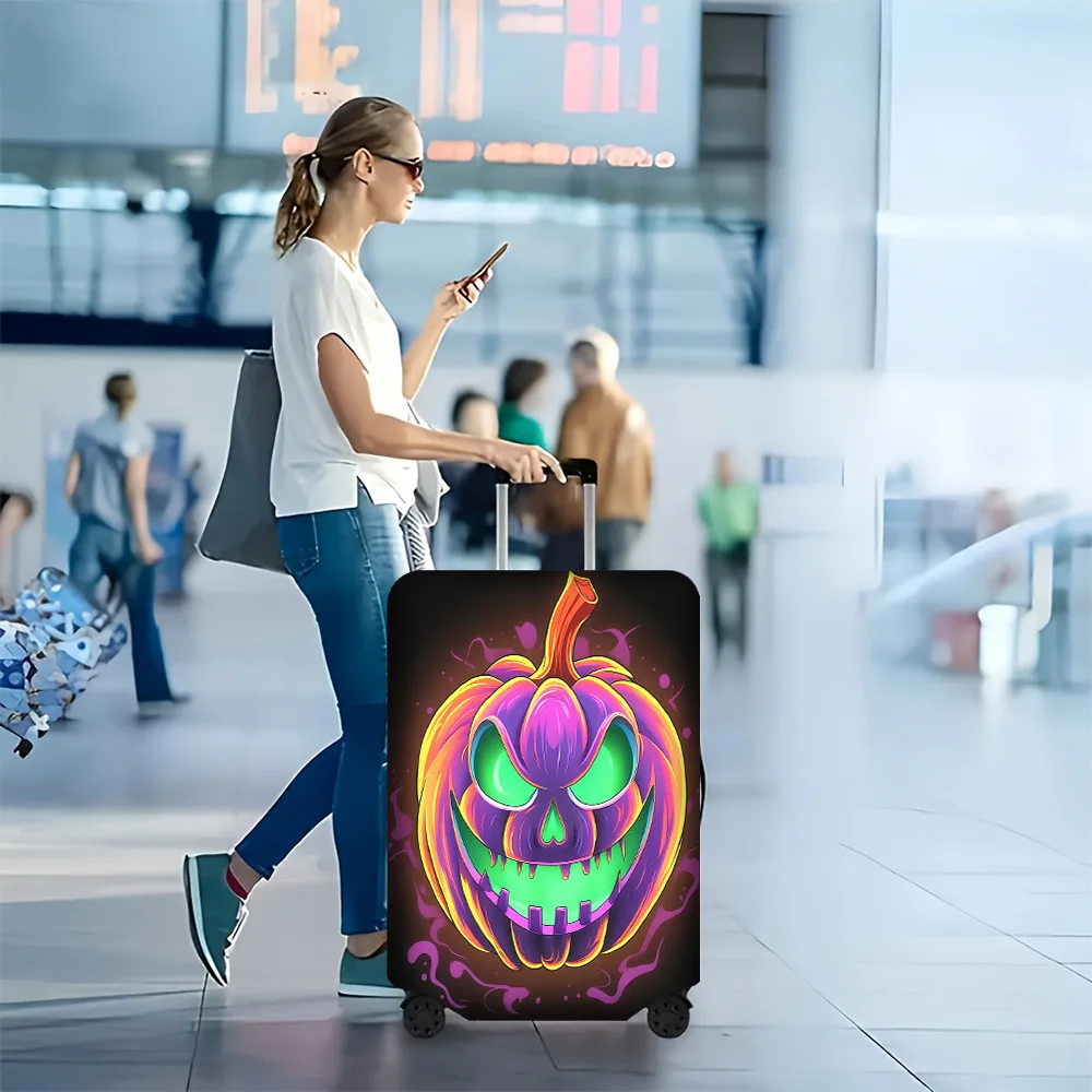 1pc Neon Pumpkin Print Luggage Cover. Fits suitcases from 18 to 32 inches; effectively protects your Halloween luggage
