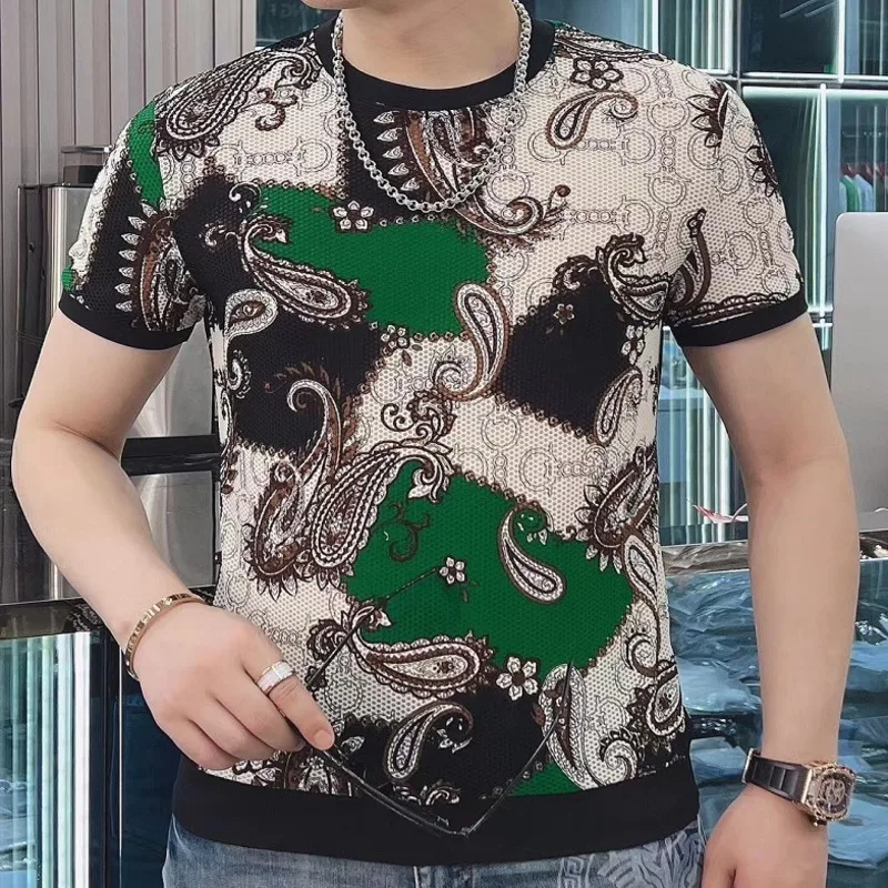 2023 Summer Ice Silk Mesh Paisley Print Men T Shirt European Men Fancy Korean Slim T-shirt Strechy Short Sleeve Camiseta Hombre