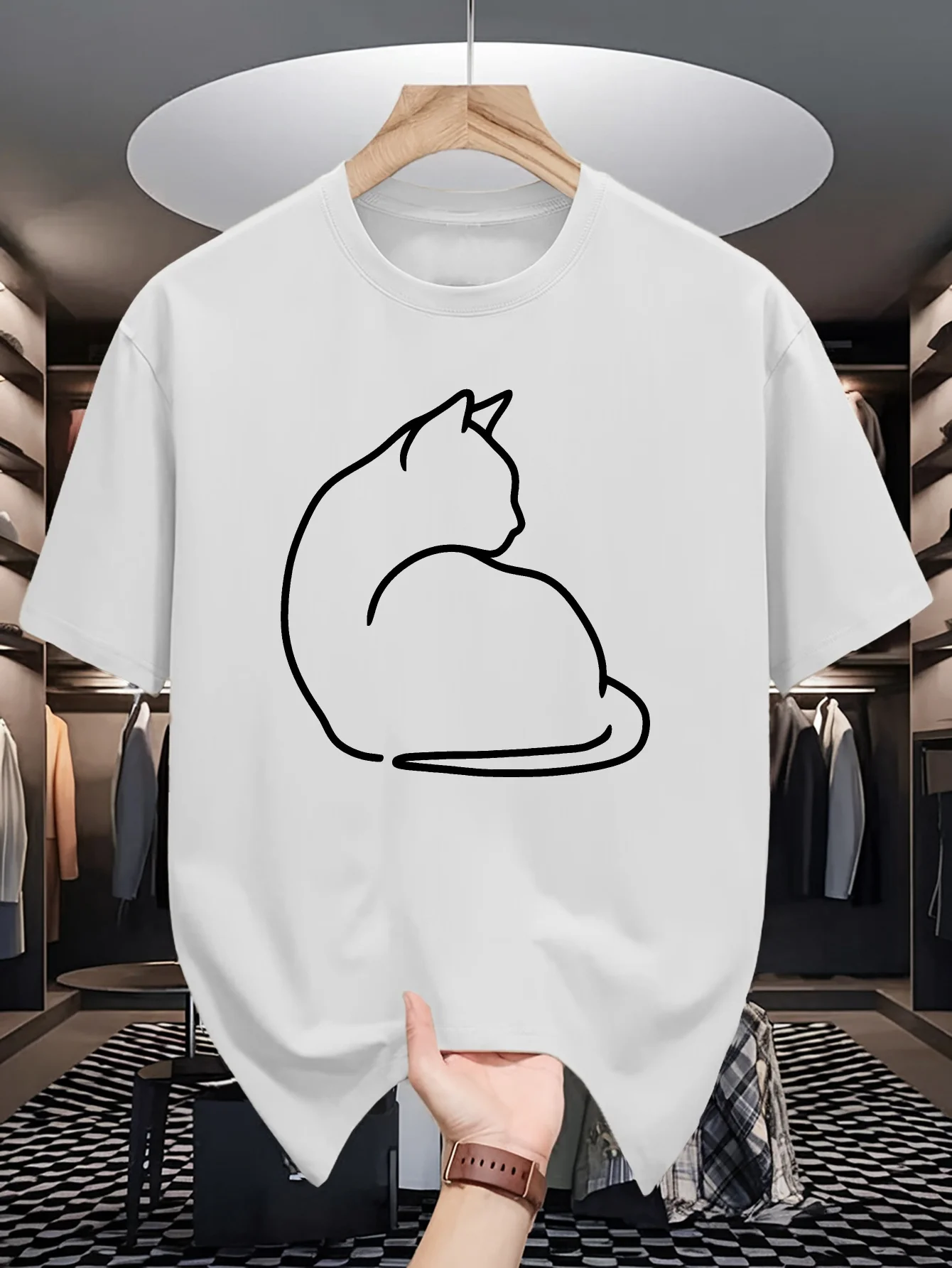 Line Drawing Cat Print Mens Crew Neck T Shirt Minimal Animal Outline Graphic Short Sleeve Casual Cotton Trendy Street Tees