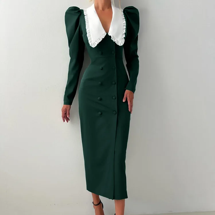 

Элегантное темно-зеленое платье миди для женщин, винтажное, с пышными рукавами, воротником «Питер Пэн», двубортное, облегающее, фасона «карандаш», для офиса, Vestidos