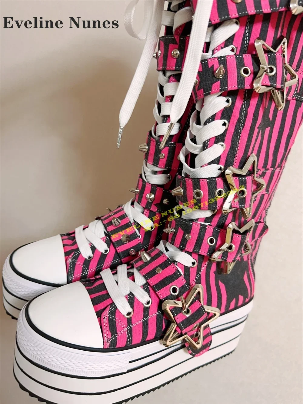 Platform Cross Tied Canvas Fashion Modern Boots Round Toe Height Increasing Metal Star Buckle Mixed Colors Knee High Boots 2024