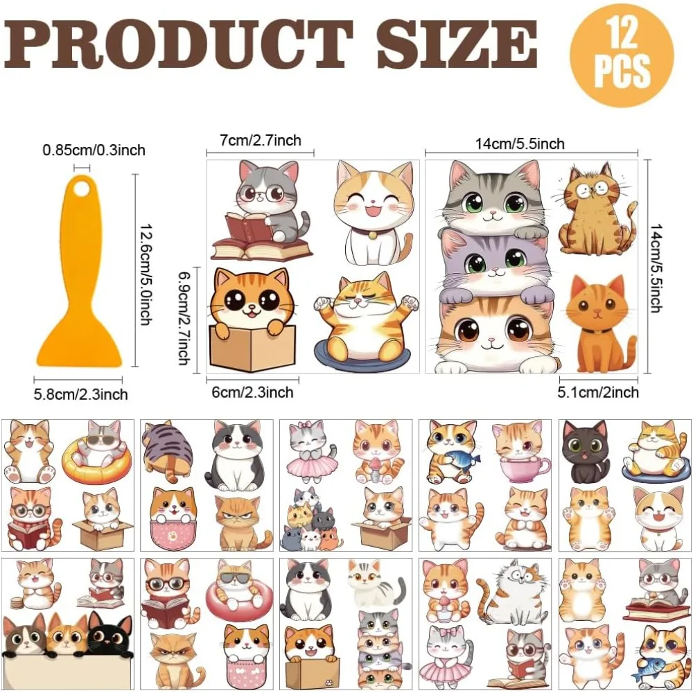 12 Sheets 12 Style PVC Stickers Heat Transfer Film for Window Decoration Cat Shape 140x140mm 1 sheet/style