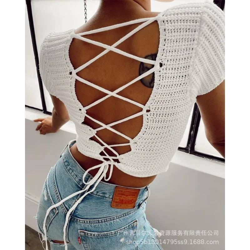 Wepbel Rope Girls Tshirts See Through Short-Sleeved Bandage Sweater Tops Women Summer Back Hollow-out Woolen Sexy Top Tshirt