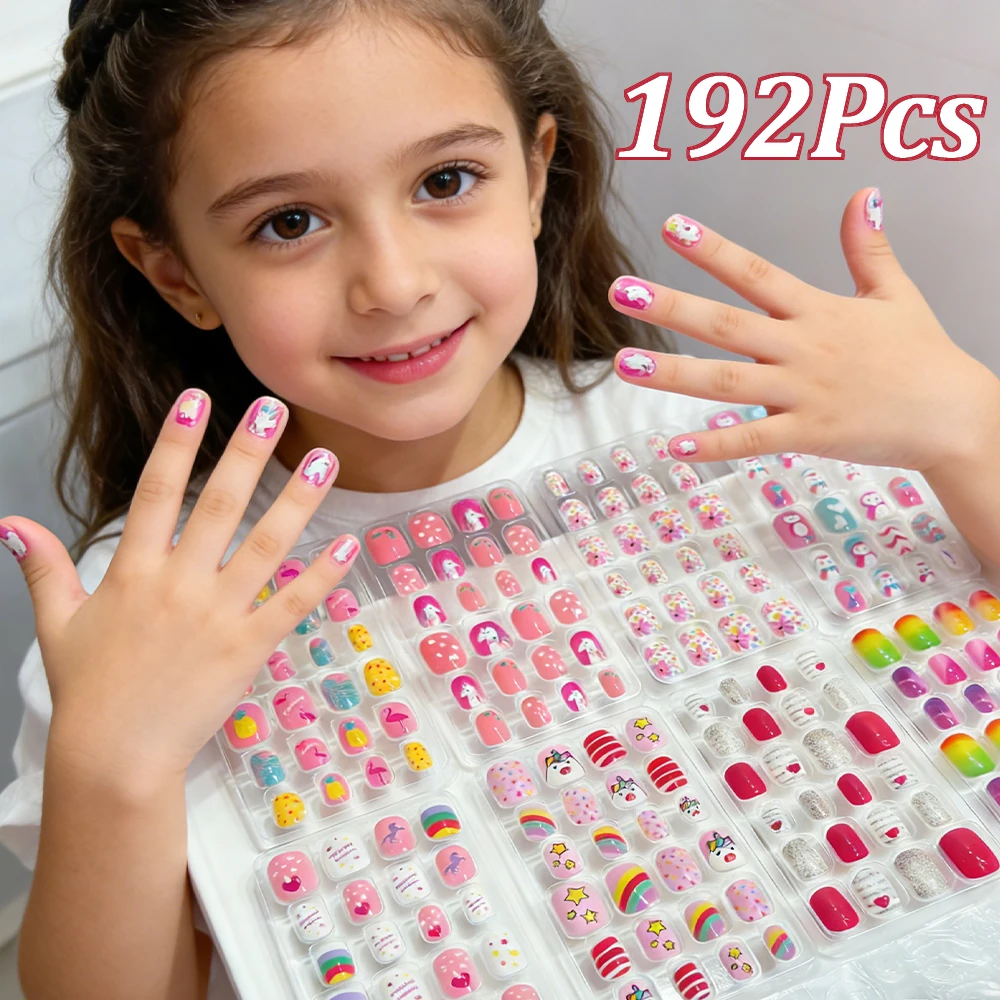

Набор из 8 коробок: Детские накладные ногти Kawaii, 192 шт., мультяшные акриловые короткие квадратные накладные ногти для девочек, милые, с полным покрытием, искусственные типсы