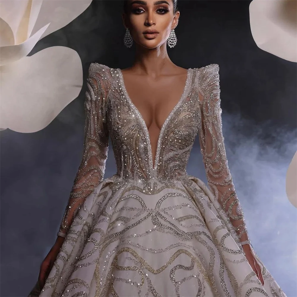 Sexy Deep V Neck Wedding Dress 2024 Elegant Beaded Ball Gown Classic Long Sleeve Floor Length Bridal Gown Vestidos De Novia