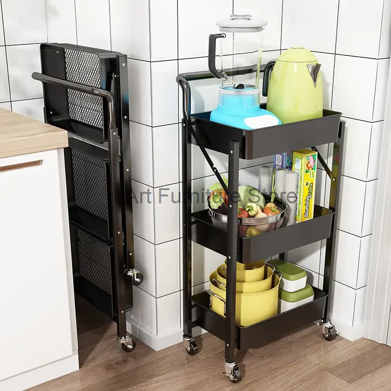 Free Installation Folding Kitchen Shelving Floor Multi-Layer Vegetable Basket Baby Supplies Storage Rack Small Cart Can Moved