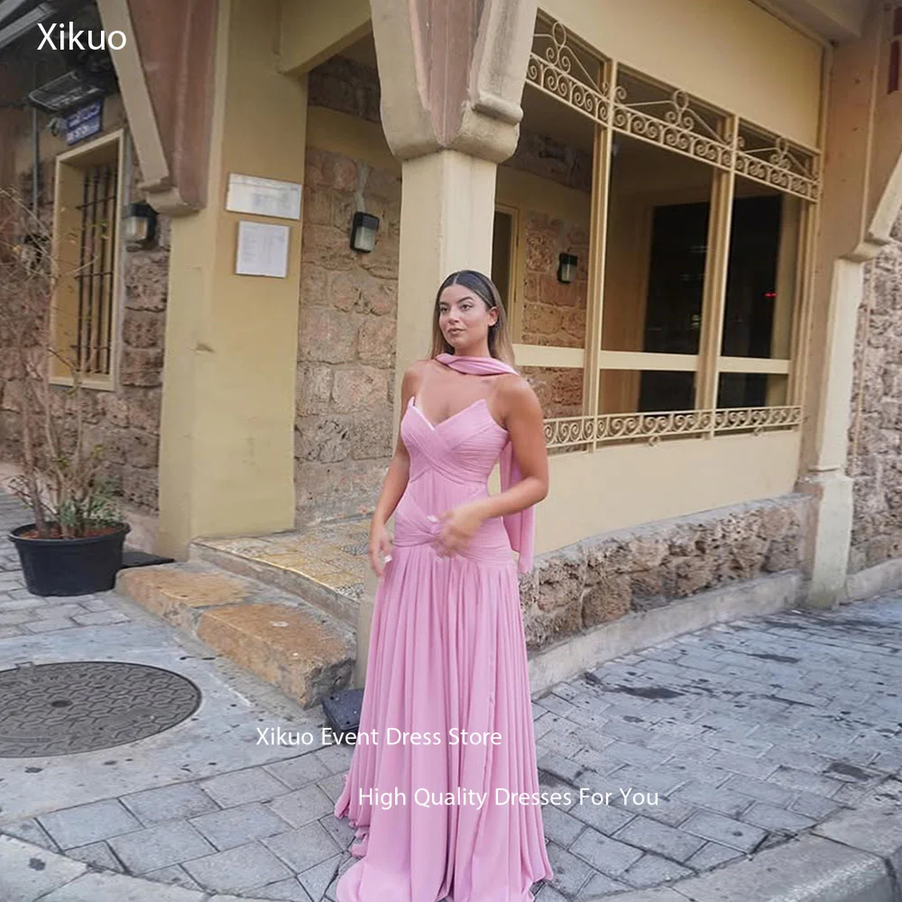 Xikuo فساتين سهرة بشرائط شيفون وردية على شكل قلب مطوي فيستدوس دي فييستا فستان رقص عالي الجودة مخصص