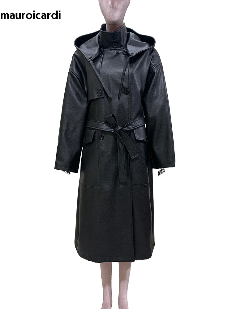 

Mauroicardi Spring Autumn Long Waterproof Hard Brown Pu Leather Coat Women with Hood Double Breasted Loose Cause Korean Fashion