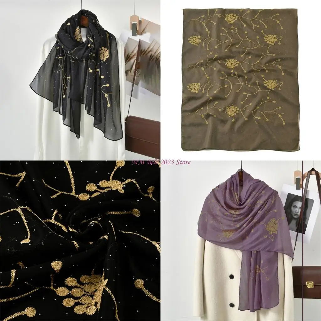 49ME Stylish Turban Hijab Scarf Hot Drilling Embroidery Flower Shawl Wrap for Lady
