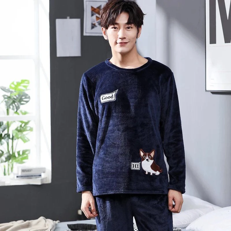 Cartoon Cute Dog Letter Print Men\'s Pajamas Set Cotton Soft Autumn Winter New Men\'s Sleepwear Long Sleeve & Pants Korean Pajamas