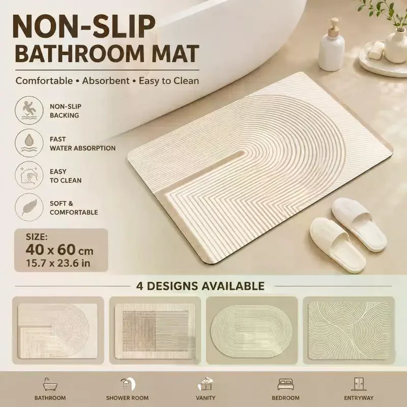 ベージュのストライプ柄珪藻土バスマット、速乾吸水、滑り止め加 - Non Slip Bath Mat のレビューと価格
