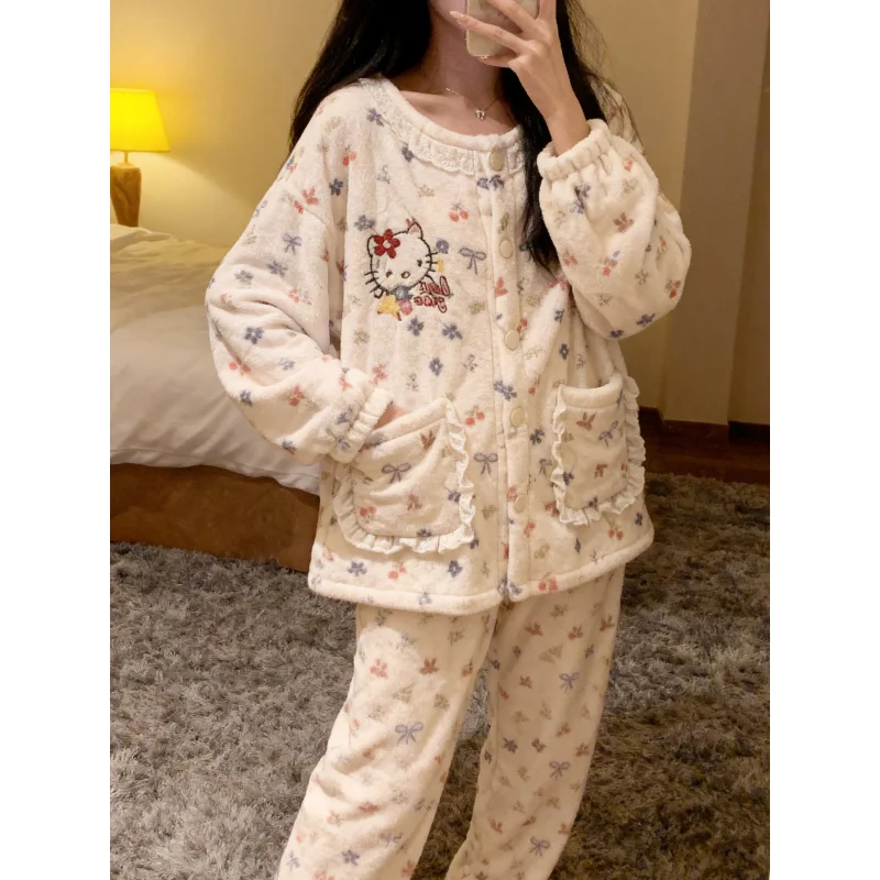 

Hello Kitty Coral Velvet Soft Pajamas Girls Winter Long-sleeved Cardigan Sweet Thickened Warm Casual Cute Lace Home Clothes Set