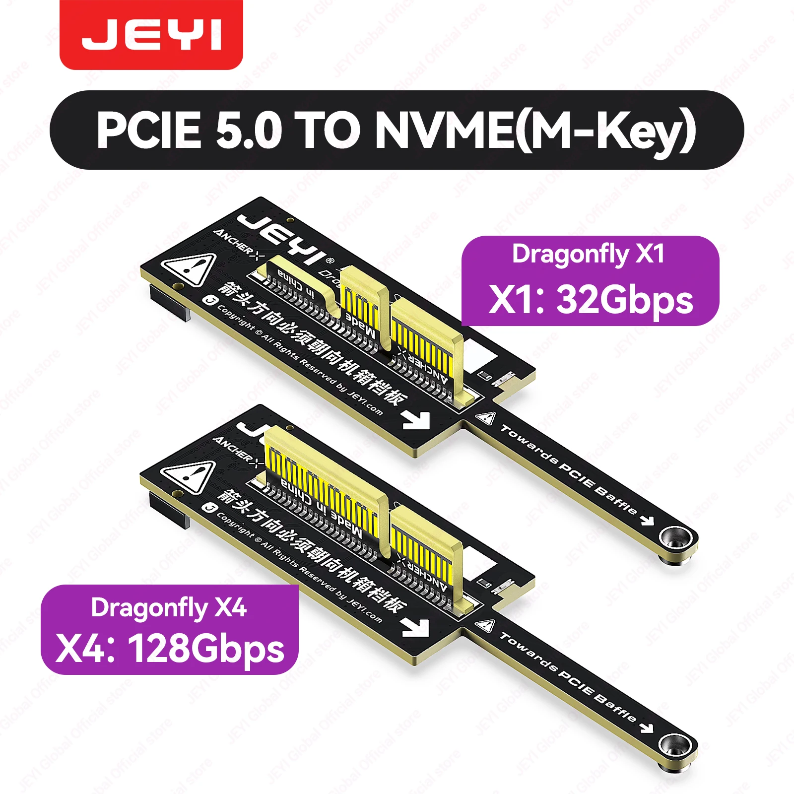 Placa Adaptadora JEYI Dragonfly Series Flat PCIe 5.0 para NVMe Mini, Sem Obstrução de GPU, Apenas para SSD NVMe M.2 M-Key, Versão Opcional X1/X4