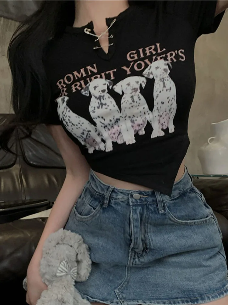 Cseta de Verano de Manga Corta para Mujer, Estampado de Dibujos Animados, Cuello en V, Corte Ajustado, Corta, Moderna y Ca...