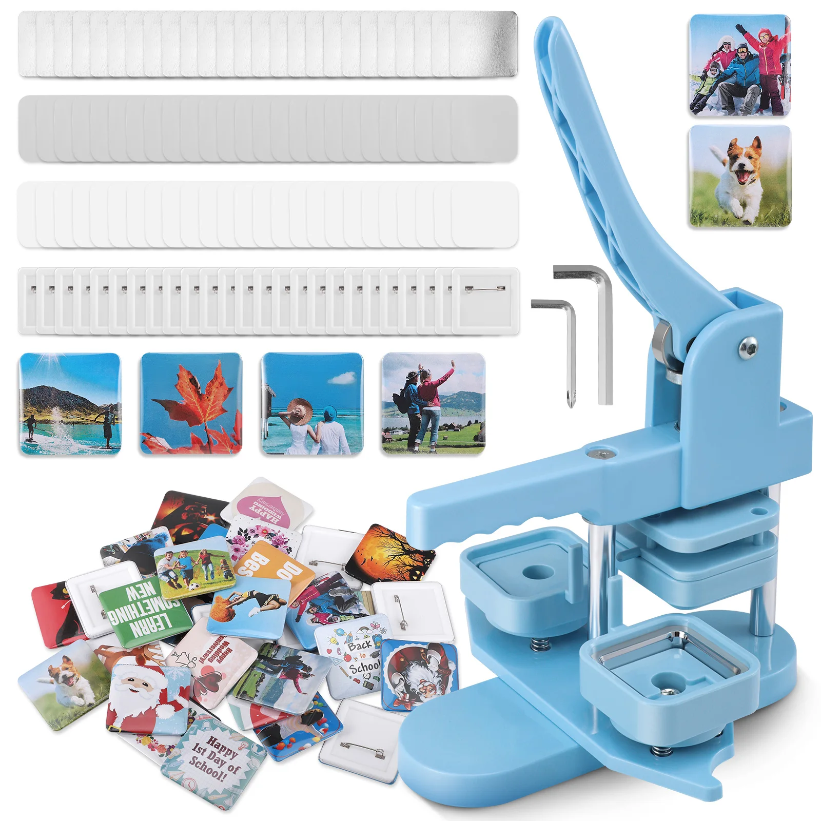 Quadratischer Button-Maker-Kit, Anstecknadel-Pressmaschine 50mm*50mm mit 100 Sets Zubehör für quadratische Button-Herstellung, DIY Team-Abzeichen