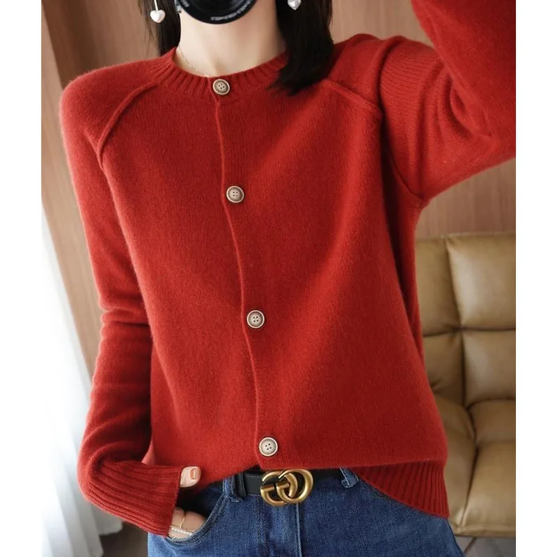 Autumn Winter Women\'s Round Neck Simplicity Knitted Cardigan New Fashion All-match Solid Color Button Sweaters Female Clothing