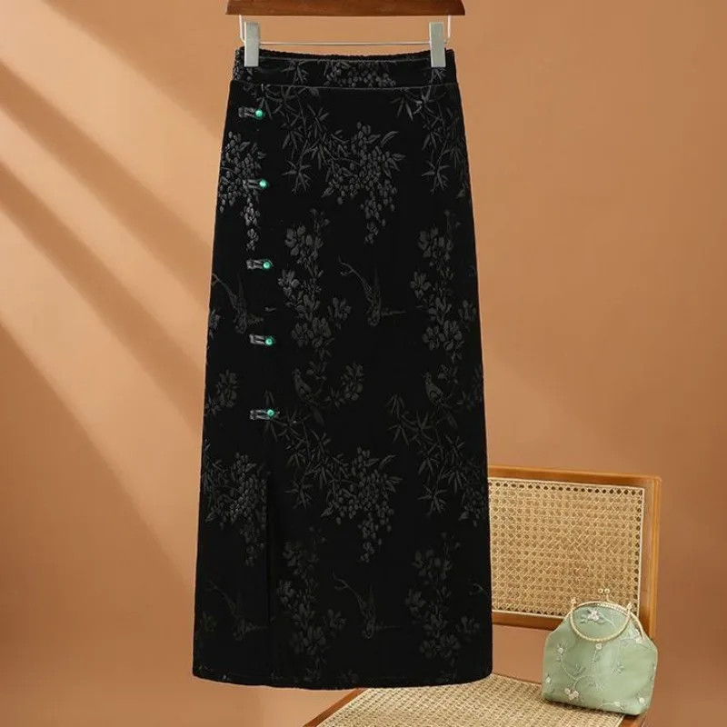 Temperament New Chinese Style Spring Autumn Velvet Women\'s Printed Button New Slim Fit Split Mid Length Wrapped Hip Skirt