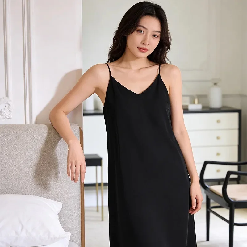 Women's Black Satin-Feel V-Neck Nightgown with Adjustable Thin Straps