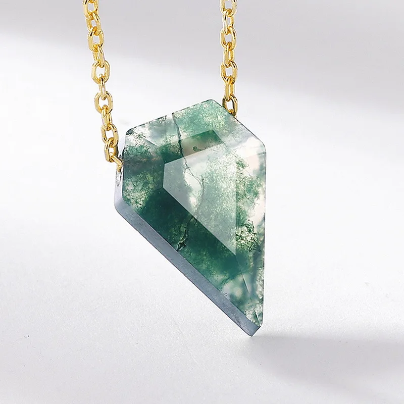 New S925 pure silver personalized geometric green moss stone inlaid with water grass agate necklace wedding jewelry - view 4