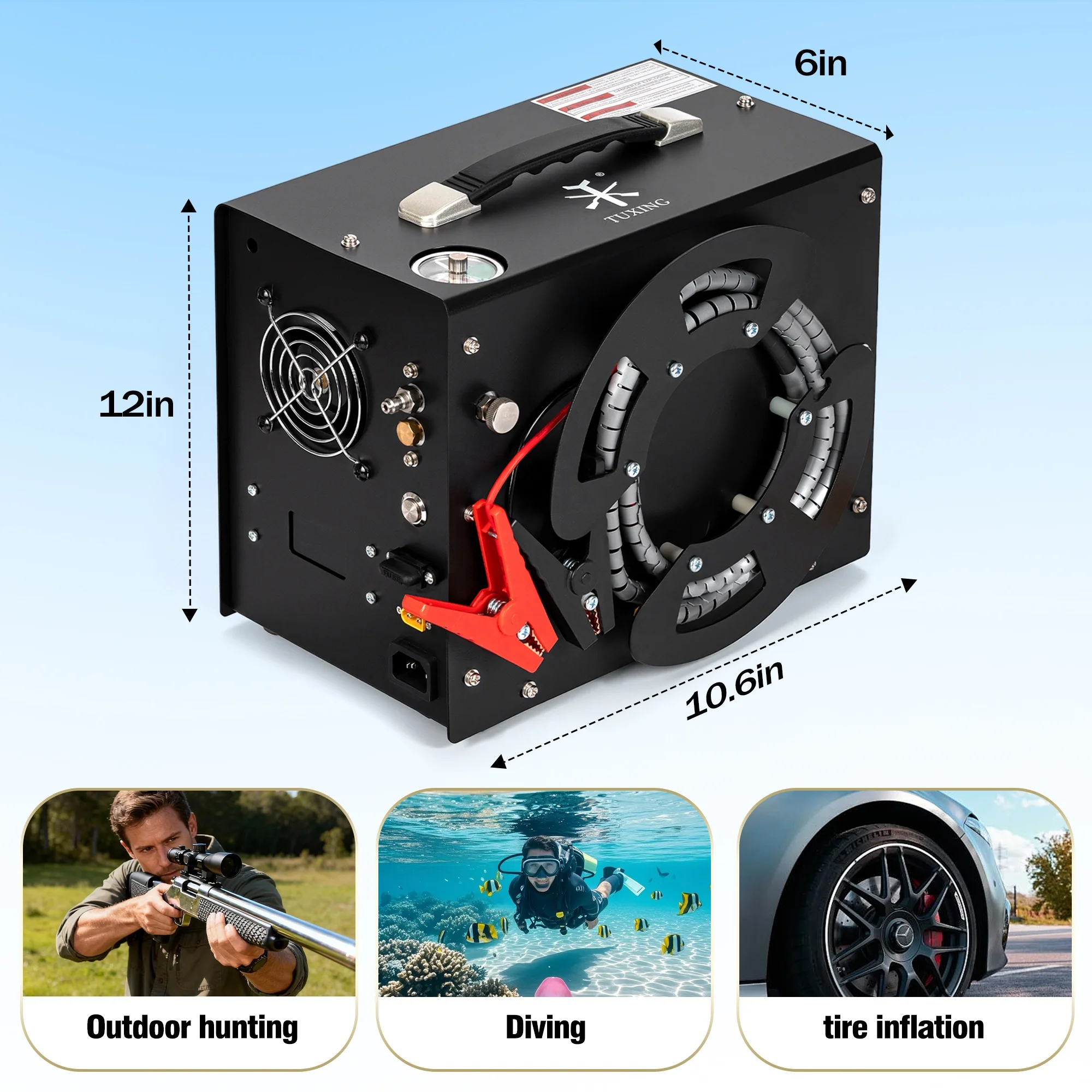 Hot Sale 110V 220V Electric 4500psi 300bar Wire Spool Design Built-in 12V Power Adapter Fan Auto Stop  Air Compressor
