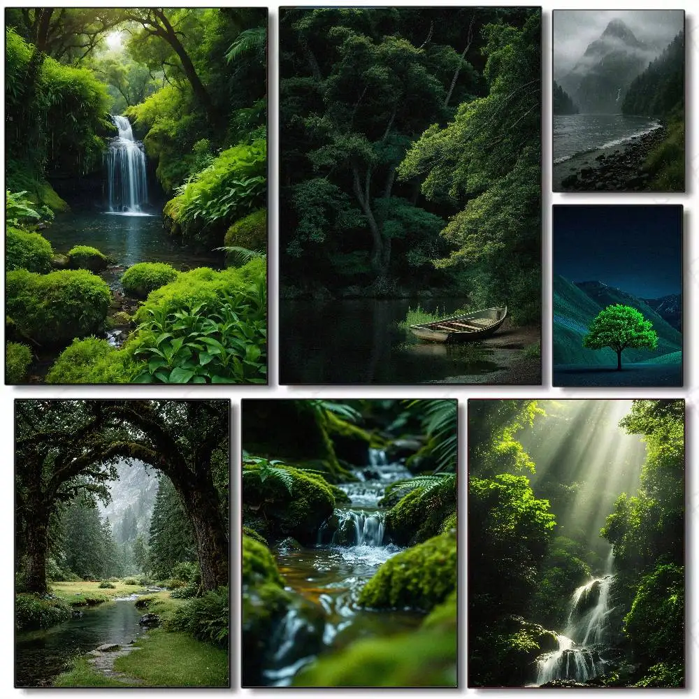 Serious Green Forest Poster Art Sunlight Ray Through Dense Trees Waterfall Stream Misty Valley Nature Peaceful Wilderness Decor
