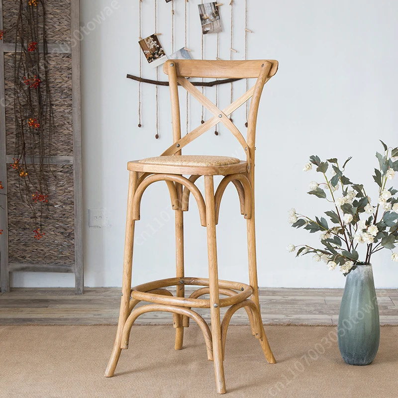 French Style Rattan Seat Bar Stool, X-Back Wooden Vintage Bar Chair with Footrest for Kitchen & Pub
