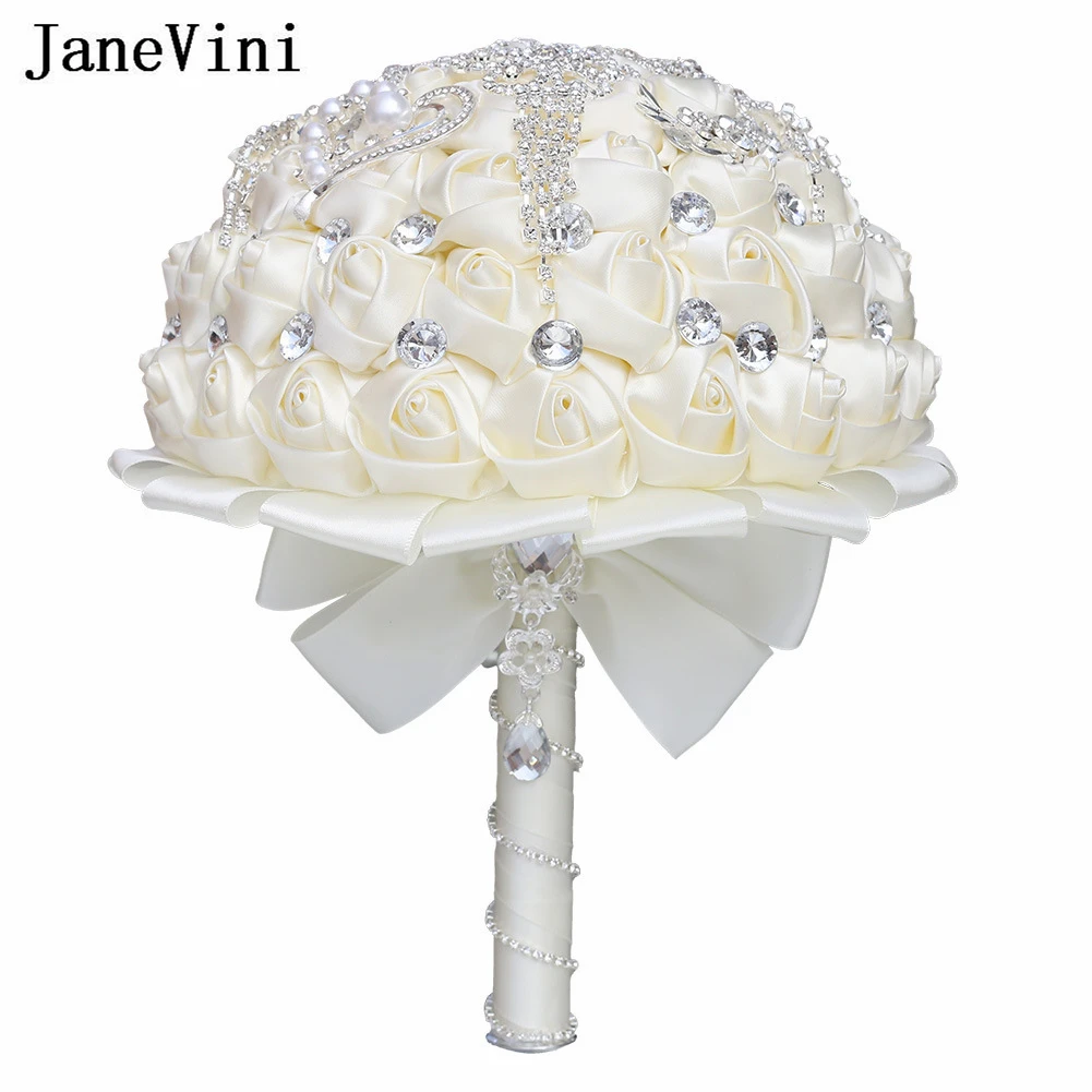 JaneVini 21cm Luxury Ivory Bridal Bouquet with Silver Brooches Jewelry Fake Rose Bridesmaid Bride Bouquet Wedding Flowers Noiva