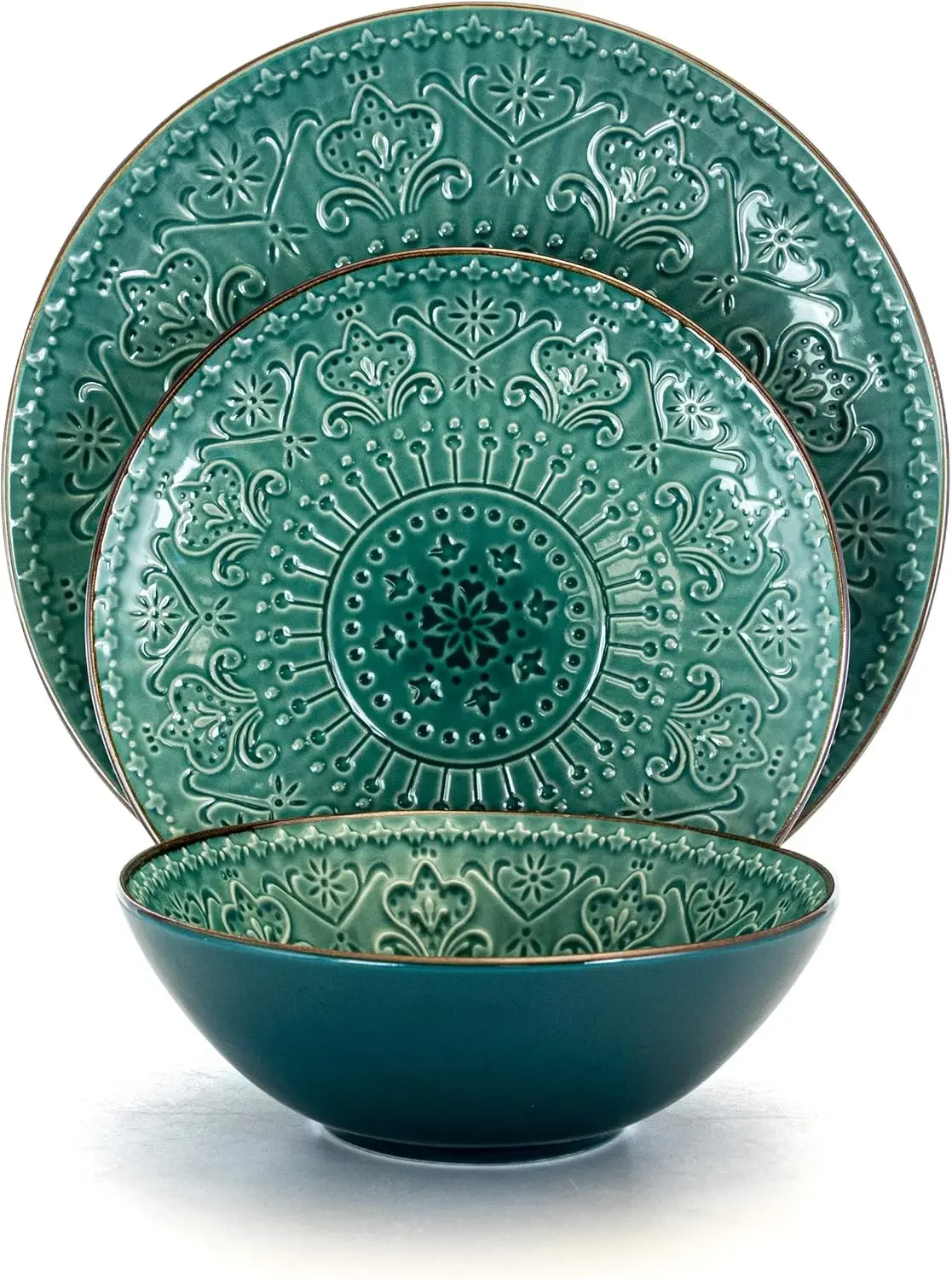 Elama Round Stoneware Embossed Dinnerware Dish Set, 16 Piece, Ocean Teal and Green