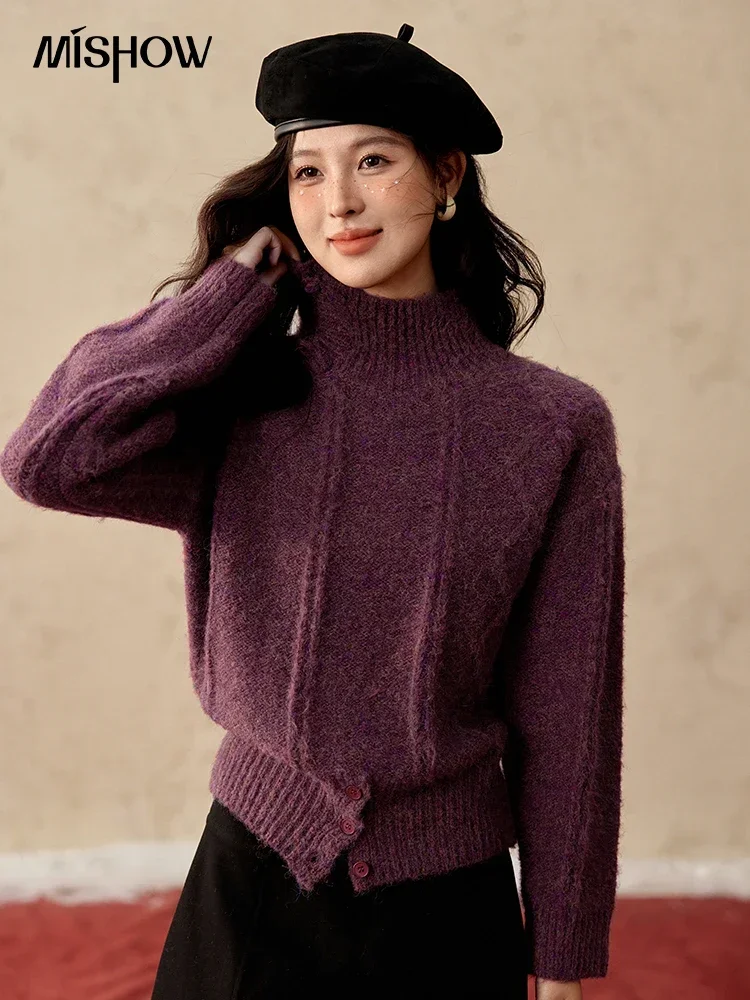 

MISHOW Turtleneck Sweater Retro Fashion Thick Warm Pullover Buckle Design Dropped Shoulder Knitted Top Office Lady MXD57Z1146