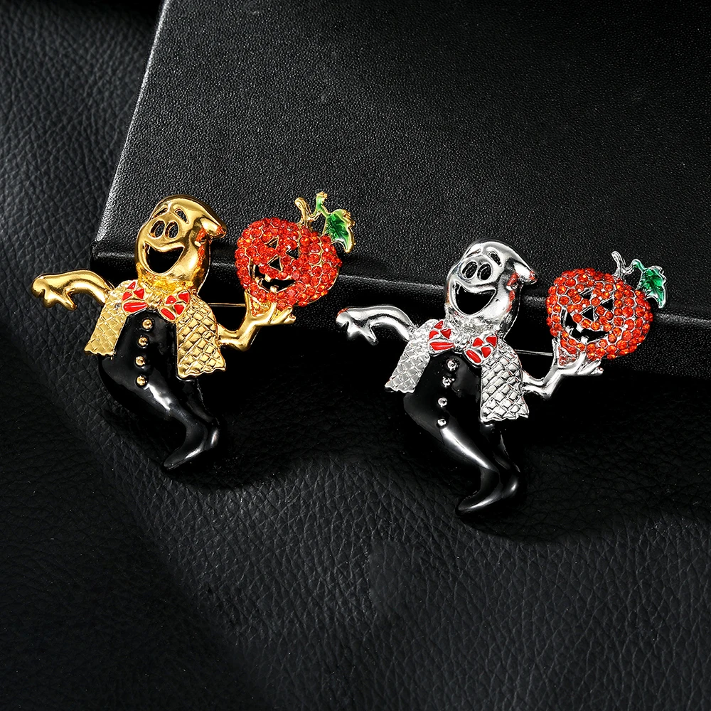 Dazzling Golden Happy Halloween Lapel Pins Ghost Hold Pumpkin Head Crystal Brooches Candlestick Candelabrum Badge