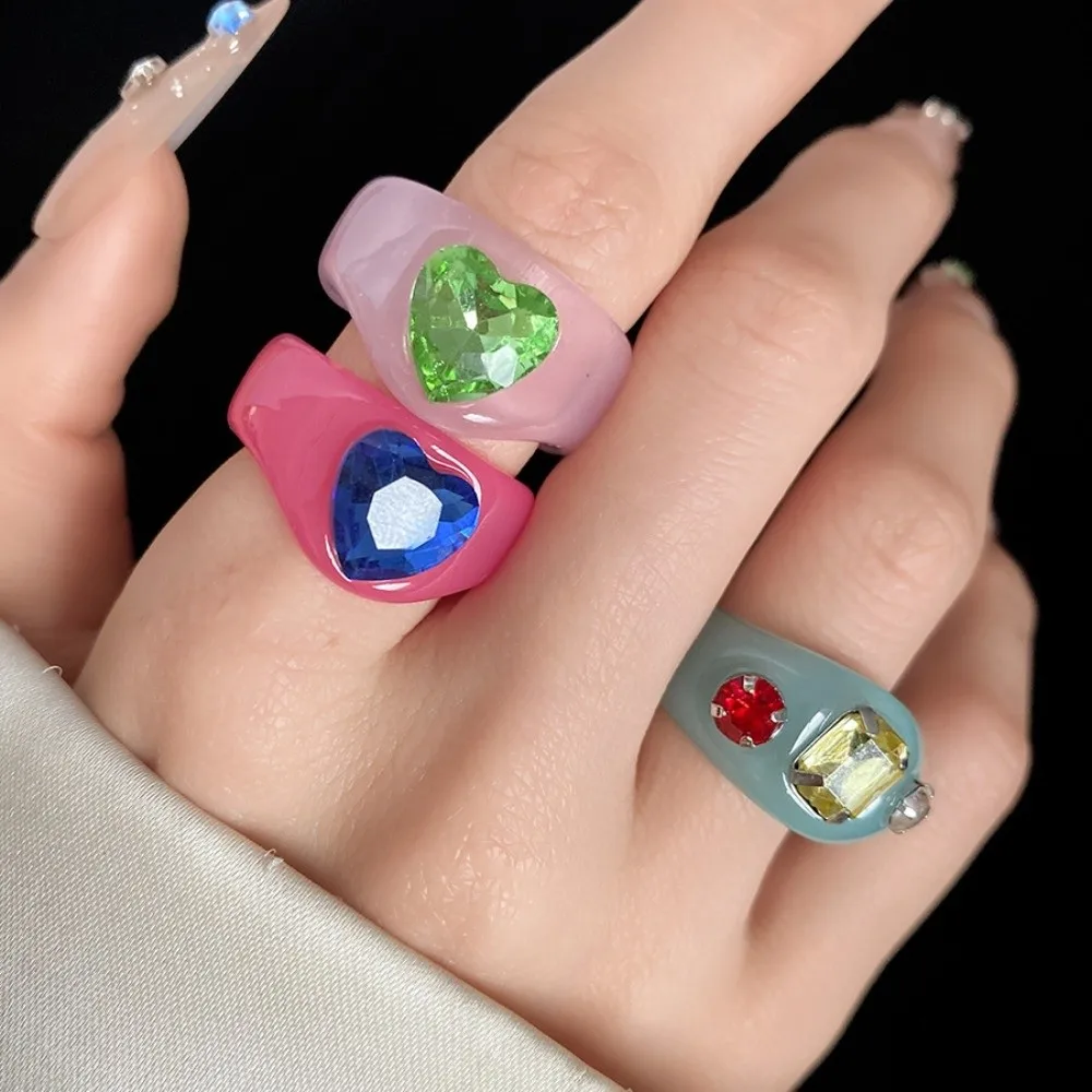 Ins Sweet Exaggerated Resin Rhinestone Ring Candy Color Classic Geometric Ring Korean Style Resin Big Dome Plain Ring Party