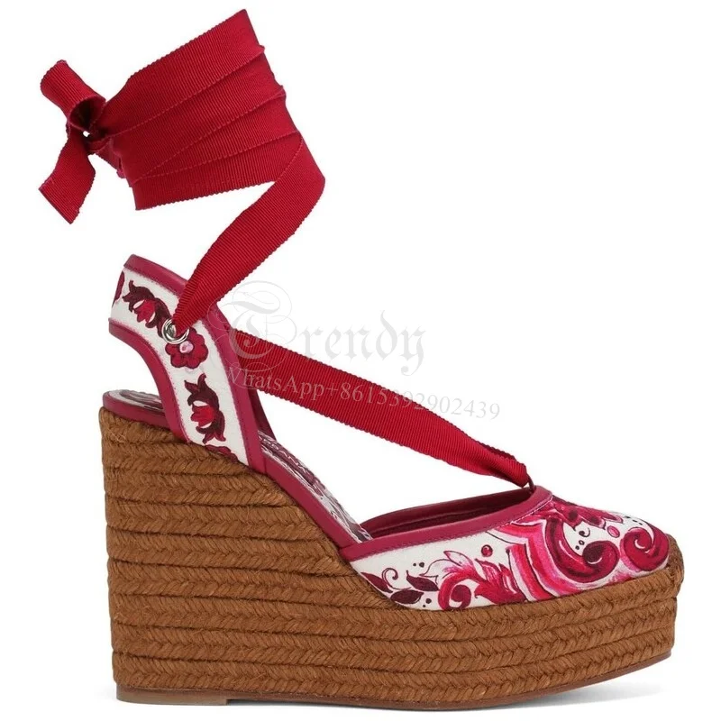 Red Floral Print Wedge Sandals Woman Ethnic Espadrilles Platform Heels Blue White Straps Tassel Graffiti Embroidery Casual Shoes