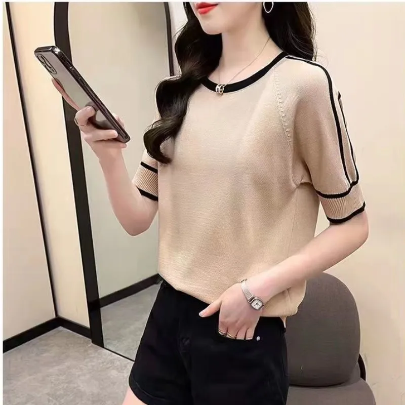 

Summer Women's Breathable Knitted Short sleeved T-shirt Top Loose Fit Pullover Top Women's Striped Thin Half Sleeves