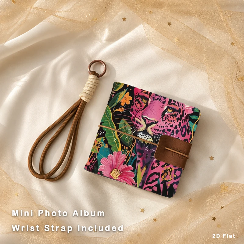 Bohemian Vibrant Tropical Pink Leopard Floral Print Mini Pocket Photo Album Fashion Birthday Gift for Women & Teen Photo Enthusi