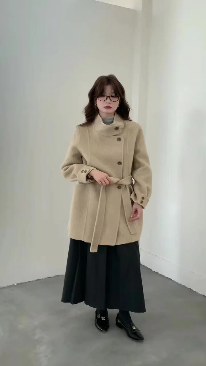 

Woman Autumn Winter New Wool Stand Collar Mid-Length Long Sleeve Knee-Over Double-Sided Tweed Coat Loose Woolen Outerwear