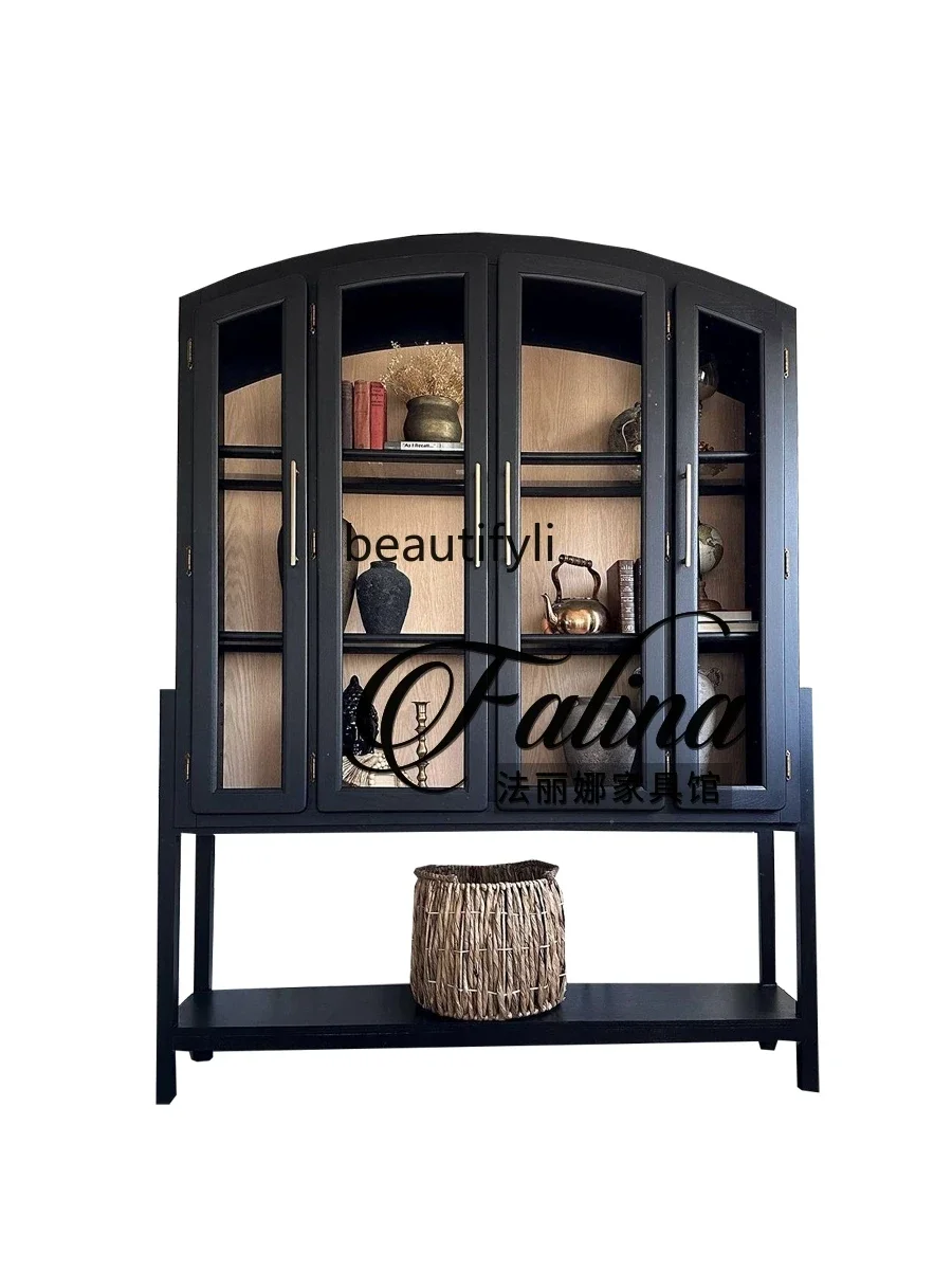 

French retro wine cabinet solid wood wall display cabinet living room locker arched partition side cabinet