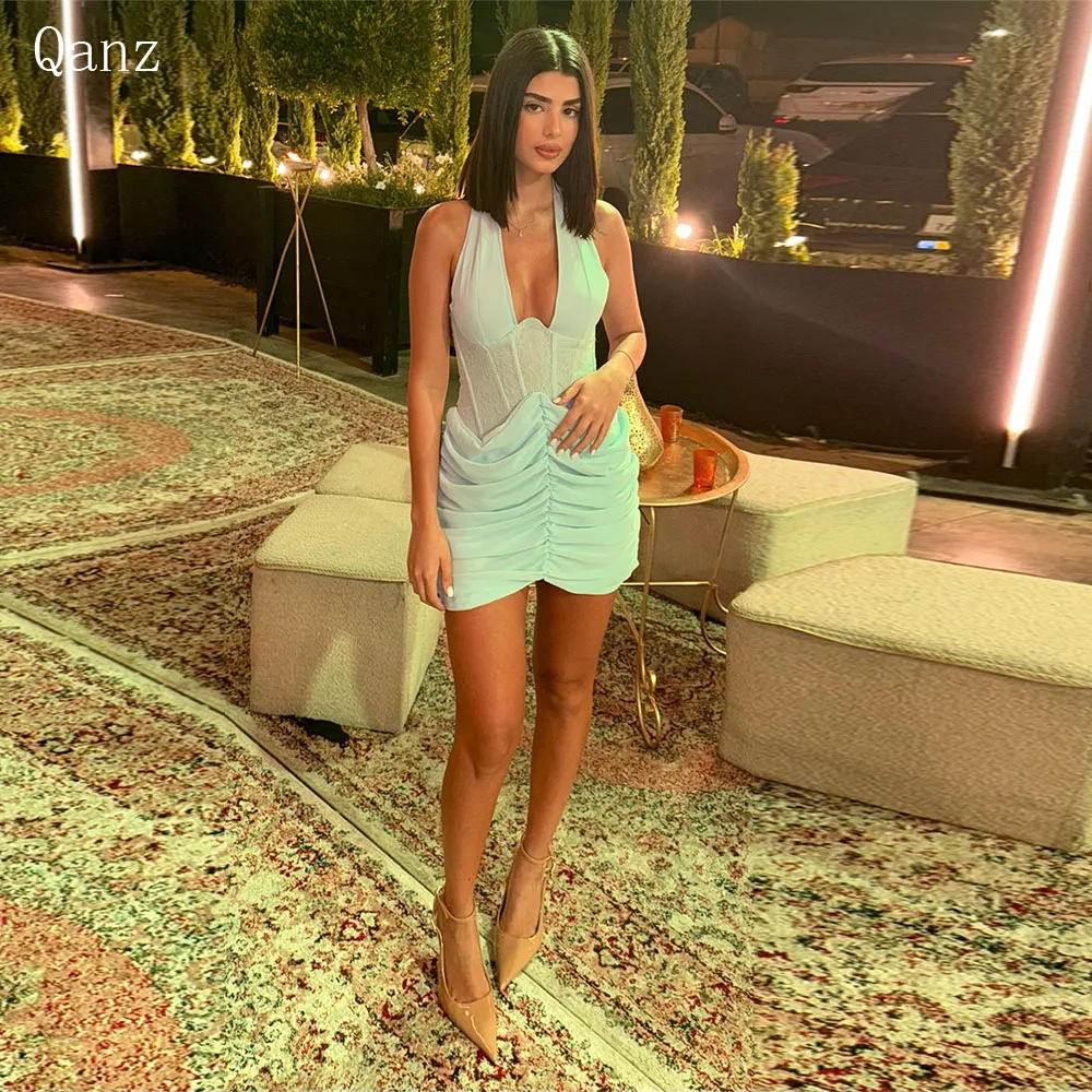 

Qanz Mint Green Prom Dresses Chiffon Mini Birthday Party Gown Lace Sleeveless Sexy Vestidos Para Eventos Especiales Customized
