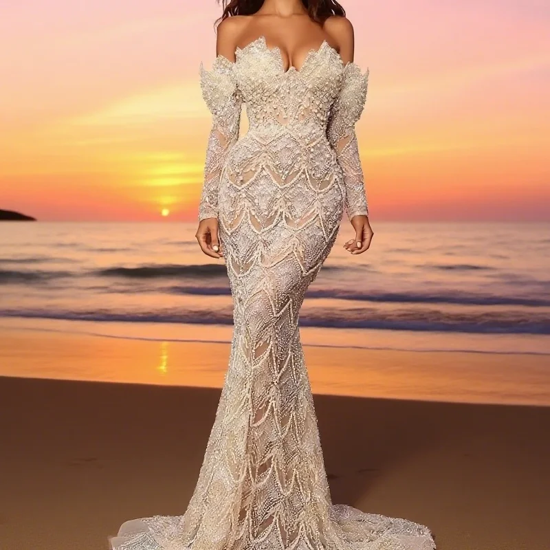 

Dubai Off Shoulder Ivory Evening Dresses For Women Party Elegant Nude Long Mermaid Formal Dress Customized
