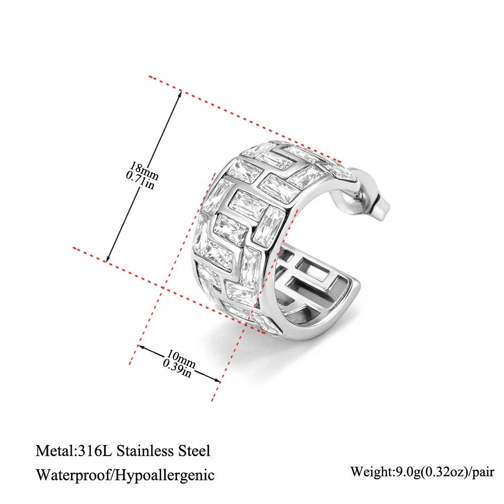 Lokaer Vintage Rectangular Cubic Zirconia C-shaped Hoop Earrings 18K Gold Plated Stainless Steel Chunky Jewelry for Women E26169